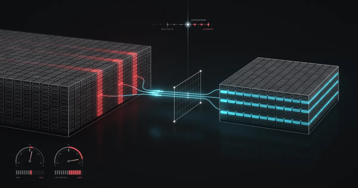 Changed rows glow red in a large table and flow past a checkpoint, between the minimum valid and current versions, into three lit rows of a smaller local copy. Gauges below read CPU +12% and log writes +80%.